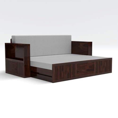 Image of Kunjal Furniture Solid Sheesham Wood Sofa Cum Bed with Storage for Living Room | Natural Finish | 3-Seater Convertible Sofa Bed | Handmade Wooden Furniture (Walnut, Europian)