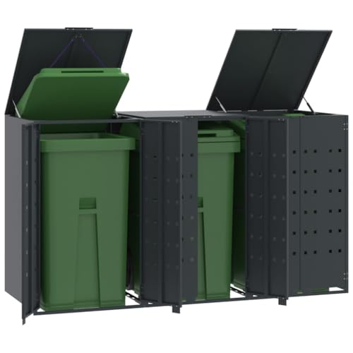 Emmtore Mülltonnenbox 3er Tonnen, Kapazität bis 240L, Aus witterungsbeständig pulverbeschichtetem Stahl mit Automatikdecke, Tonnenhaus, Garten Müllbox,Anthrazit,3 * 240 L