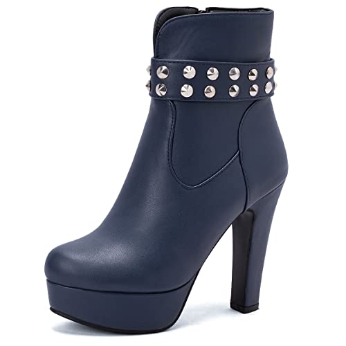Zoducaran Mode Plateau Stiefeletten Absatz Chunky Damen Schnüren Knöchel Stiefel Zipper Abend Party Pole Dance Heels Niedrige Stiefel Blue Big size 43 Cover
