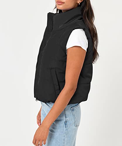 Automet Puffer Vest Women Sleeveless Winter Cropped Outerwear Warm Puffer Lightweight Stand-Up Collar Down With Pockets #TOP2