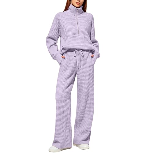 XINGJIAARTS Sweatsuits Women 2 Piece Outfit Waffle Knit Half Zip Oversized Sweatsuits Lounge Matching Set with Thumb Holes Purple Medium - image 2