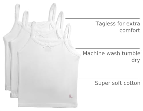 Image of Feathers Girls Solid White Snug Fit Tagless Cami Vest - 100% Cotton Super Soft Undershirts (3 /Pack)