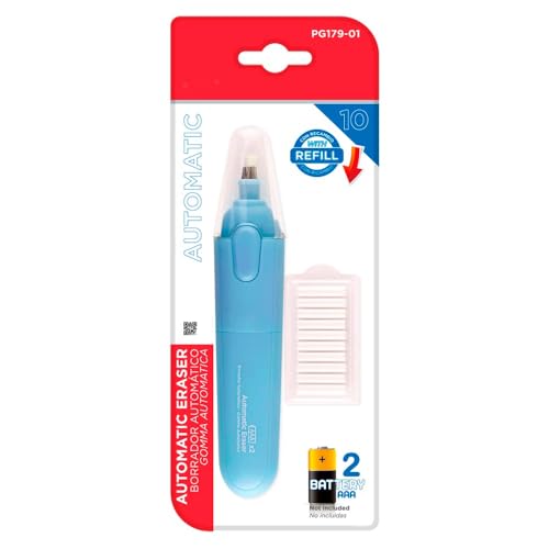 Papelivi Portagomas Borrador Automático color Azul con 12 recambios Especial Bellas Artes. Pilas AAA NO incluidas