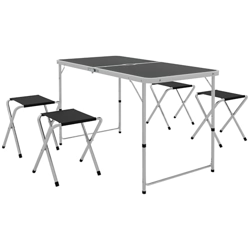 Outsunny Ensemble Table et Chaise de Camping Pliantes 5 pièces, Table à Hauteur Ajustable avec 4 chaises Pliantes, avec Trou de Parasol, Gris foncé