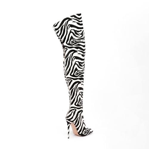 Image of Thigh high boots for women striped Back zipper Burgundy Zebra Print Over the knee Sexy gold white pointed toe Cow Print leopard Magenta stiletto heel