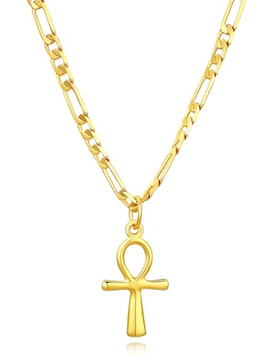 Lumayina Dainty 925 Sterling Silver Gold Ankh Necklace for Women Men 18k Gold Plated Ankh Pendant Cross Necklace for Women Men with 3.6mm Flat Figaro Chain Necklaces Jewelry Gifts (Gold)