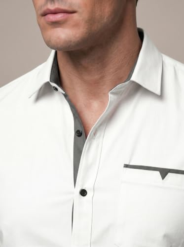 Image of Men's Cotton Blend Shirt with Solid Long Sleeves Spread Coller Neck Regular Fit Single Chest Pocket and Standard Length | Cotton Casual Shirt for Man