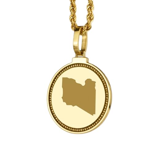 WORLD WIDE GEMS Pendentif rond en argent sterling 925, gravé d'une carte de la Libye (25 mm), plaqué or, bijou de voyage unisexe | WW_EGMP_0088