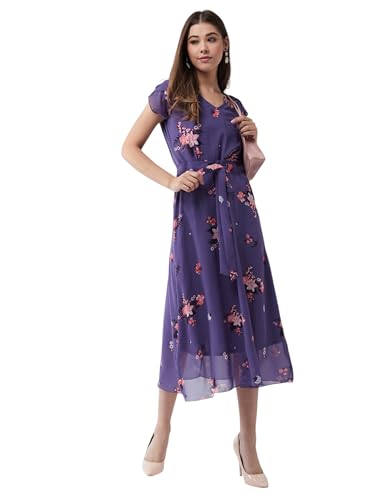 Image of Miss Chase Women Pleated V Neck Full Sleeves Relaxed Fit Midi Length Dress