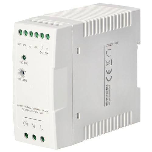 Miratic Fuente de Alimentación Industrial en Carril DIN Transformador 220V a 24V Carcasa de Plástico Clase de Protección de Tensión III (2,5A / 60W)