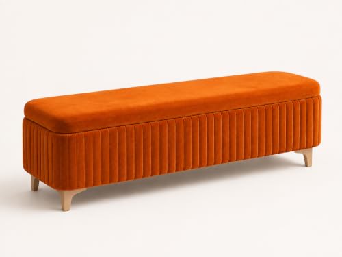 Image of LEGACY OF COMFORT Qwen Velvet Upholstered Flip Top Storage Bench 2 Seater Sofa Upholstered Ottoman Bench with Storage for Living Room, Bedroom (Orange)