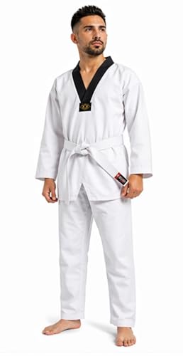 TWISTER FIGHT WEAR Taekwondo Uniform, 8oz Poly/Cotton, White Belt Included (BLACK-V, 4)