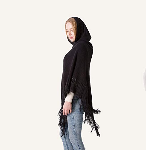 Elonglin Poncho Feminino Capa de Lã Quente Tricotada Folagada Xale com Capuz Casual Elegante para Mu