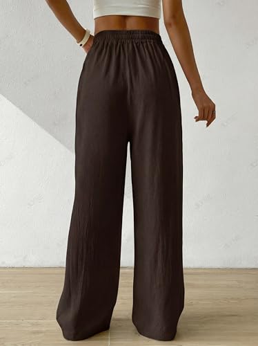 Image of ALYNE Women's Wide Leg Pants High Waisted Linen Look Textured Blend Drawstring Palazzo Trousers with Pockets Casual Relaxed Fit Flowy Soft Comfort Long Pants