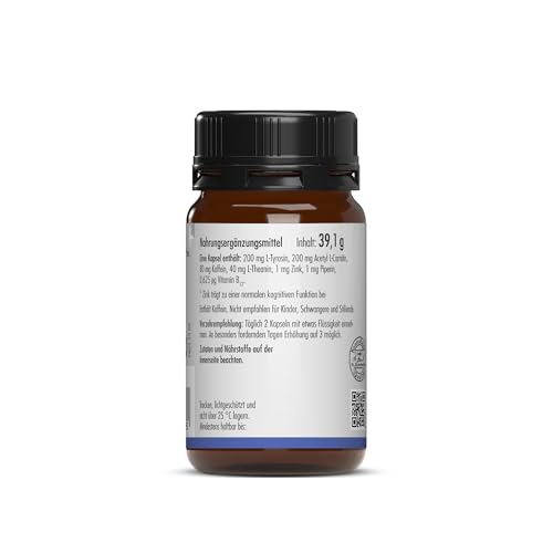 sovita Fokus Kapseln | Mit Koffein & Vitamin B12 für Konzentration & mentale Leistung | L-Tyrosin, Acetyl-L-Carnitin & L-Theanin aus grünem Tee | Zink für die kognitive Funktion | Vegan | 60 Kapseln
