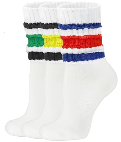 AugRing Women's Scrunch Crew Socks Retro 3-Pack Solid Cotton Boot Calf Socks Chunky Ribbed Cozy Slouchy Socks Size 5-11 (US, Alpha, One Size, Regular, Regular, 3 Pairs-Stripes#01)