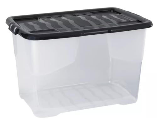Strata 5 x 65L Curve Plastic Storage Box with Black Lid - Stackable, Clear, and Durable Container for Home and Office Organization (41cm H x 39cm W x 60cm D) Strata 5 x 65L Curve Plastic Storage Box with Black Lid - Stackable, Clear, and Durable Container for Home and Office Organization (41cm H x 39cm W x 60cm D)