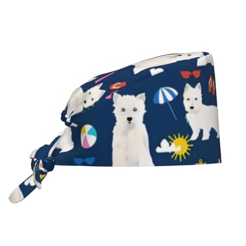 Image of Cute Pug Dog Print Working Cap Scrub Cap with Sweatband,Adjustable Fashion Bandage Tie Back Hat Headwear for Women Men