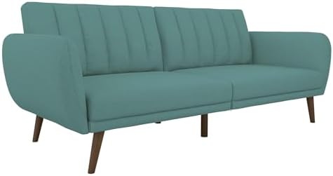 Novogratz Brittany 82 Inch Futon Sofa Bed in Faux Leather, Upholstered Couch Sleeper with Tufted Back, Mid-Century Modern Design, Teal