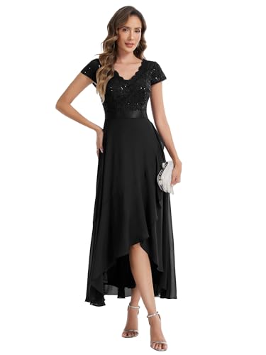 Ever-Pretty Robe de Soirée Chic Col en V Manches Courtes Mousseline Dentelle High-Low Noir 42