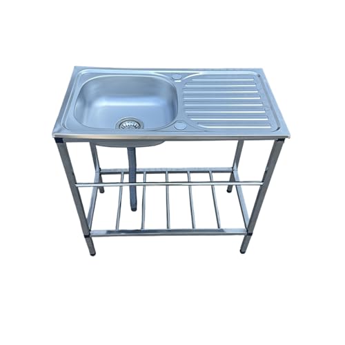 KOGB 収納キャビネットと作業台を備えたステンレス製の床置き型屋外シンク。ガーデンキッチンバルコニーバーベキューに最適。 (セミスチール製排水口(蛇口なし))