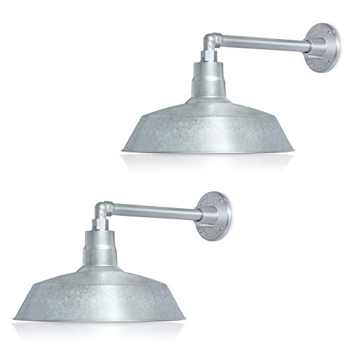 Image of 14in. Galvanized Outdoor Gooseneck Barn Light Fixture with 13in. Long Extension Arm - Wall Sconce Farmhouse, Vintage, Antique Style - UL Listed - 9W 900lm A19 LED Bulb (5000K Cool White) - 2-Pack