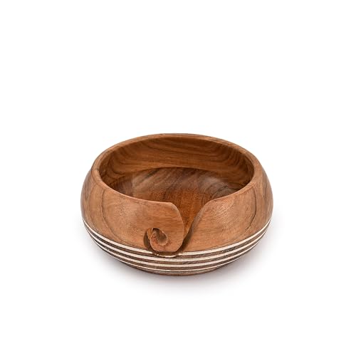 Image of EDHAS Yarn Storage Acacia Wood Hand Made by Indian Artisans Yarn Bowl for Crocheting & Knitting (6 inch x 6 inch x 3'')