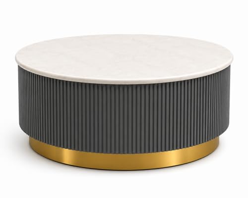 Image of Premium Luxury Marble-Top Wooden Center Table with Louvers & Acrylic Wooden Base | Premium Coffee Table for Living Room & Office (Gray)