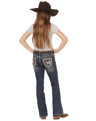 Grace in LA Girls' Medium Wash Floral Butterfly Pocket Bootcut Stretch Denim - GB61882 7 REG