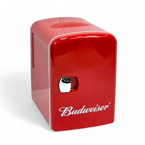 Image of Budweiser Portable Mini Fridge Holds 6 cans or 4 liters Red Color, Dependable thermoelectric cooling, Plugs into a 12V car adapter or home outlet - MIS135BUD (Renewed)