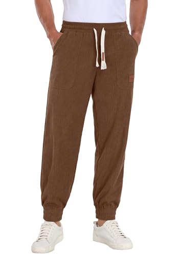 Askdeer Mens Corduroy Joggers Pants Casual Cargo Pants Drawstring Elastic Waist Baggy Tapered Sweatpants with 3 Pockets Brown
