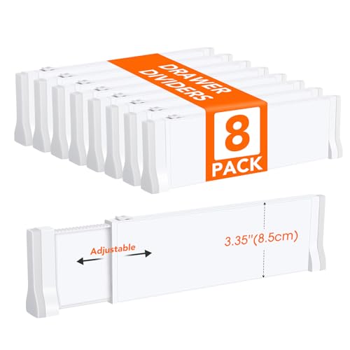 Image of Dntorx 8 Pack Drawer Dividers for Clothes, 11.6''-19.6'' Adjustable Drawer Organizers 3.35'' High Expandable Separators Dresser Organizer for Clothes Kitchen Office Bathroom Drawer Organizers, White