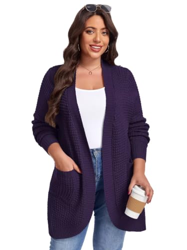 Image of LARACE Long Cardigans for Women Plus Size Tops Open Front Sweaters with Pockets Waffle Ribbed Sleeve Loose Fall Outwear
