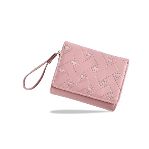 Wallet Women, Cute Pink Ladies Wallet, Love Heart Trifold Wallets Woman Business Credit Card Holder with Zipper Purse for ID Cards Cash Coin Key (Pink)