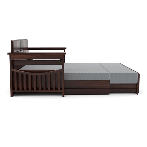 Image of Kunjal Furniture Solid Sheesham Wood Sofa Cum Bed with Storage for Living Room | Natural Finish | 3-Seater Convertible Sofa Bed | Handmade Wooden Furniture (Walnut, Contemporary)