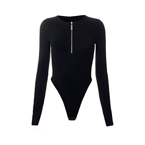 FDEETY Bodysuit for Women Long Sleeve Round Neck Zipper Leotard Jumpsuit Tops Stretch Ladies CasualJumpsuit for Going Out (L) Cover