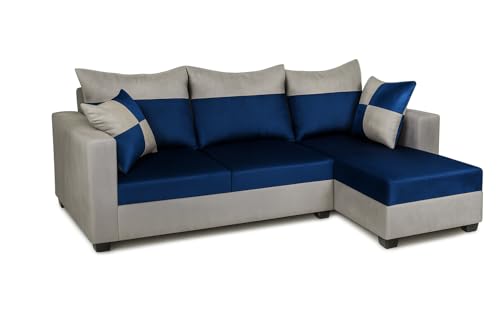 Image of FURNY Arissa 4 Seater Fabric RHS L Shape Sofa Set with Exta Cushions (Light Grey-Dark Blue) Premium Velvet Finish| Durable Comfort Ideal for Living Room
