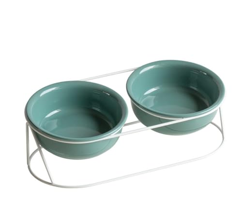 XOZIFY 猫 えさ 皿 陶器 猫 食器 2個セット 15度の傾斜 金属スタンド付き 頸椎を保護 ペット用皿 小型犬 水飲み皿 餌入れ両用 食洗機対応 (12.5CM/300ML,ダークグリーンのダブルボウル + 鉄製Vラック)