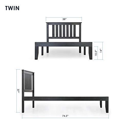 Mellow Marley 14 Inch Solid Wood Platform Bed with Paneled Headboard, Ebony Black, Twin
