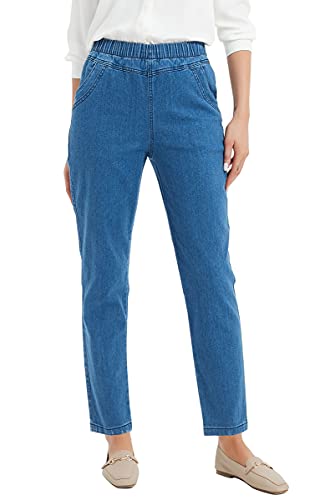 Soojun Women's Elastic Waist Jeans Stretch Pull On Pants, Light Blue, Medium