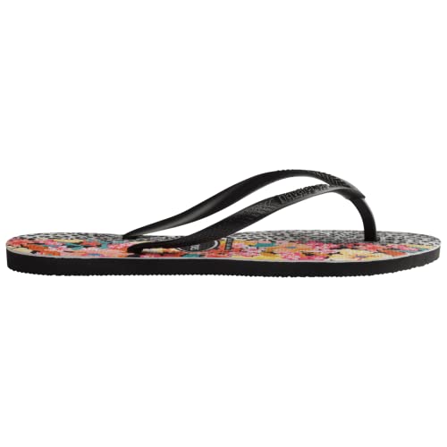 Havaianas Kids Slim Mixed Print Flip Flops - Spring and Summer Flower and Cheetah Sandals for Girls - Black/Black, 9C Little Kid2