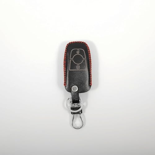 Image of Leather Smart Car Key Cover Case with Metal Hook Keychain for Ford EcoSport (Black)