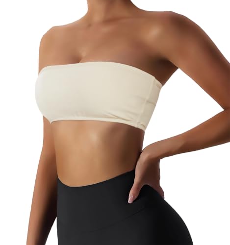 Image of Boudaner Women's Padded Bandeau Sports Tube Top Bra Strapless Yoga Bralette | Seamless Wireless Invisible Bra, Non-Slip Soft Solid Top for Gym Daily Going Out Workout Wear