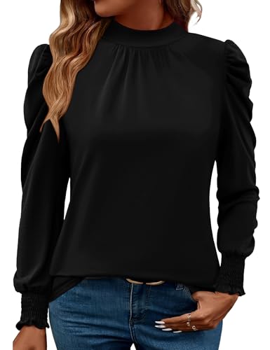 LUYAA Puff Long Sleeve Shirts for Women Tops Dressy Casual Frill Mock Neck Smocked Cuffs Blouses