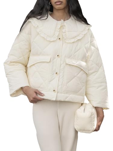 CUFEZN Womens Cropped Quilted Puffer Jackets Frilly Peter Pan Collar Button Down Lightweight Cream...