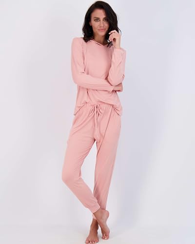 Image of Real Essentials 2 Pack: Women's Soft Long Sleeve Sleep Set - Comfortable Lounge Pull Over Hoodie and Henley Jogger