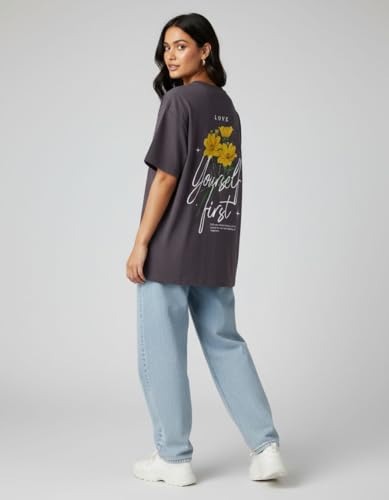 Image of Oversized Cotton T-Shirt for Women Half Sleeve - Love Yourself First Printed Tee - Breathable Loose Fit Motivational Casual Wear for College and Daily Outfits