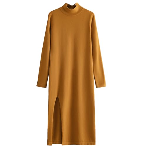 Vestido de Punto Mujer Cuello Alto Manga Larga Abertura Lateral Corte Recto Largo Otoño Invierno