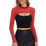 Mesh Crop Tops for Women Sexy Rave Outfits Long Sleeve Mock Neck Sheer Top Festival See Through Shirt Fishnet Cover Up Red Medium