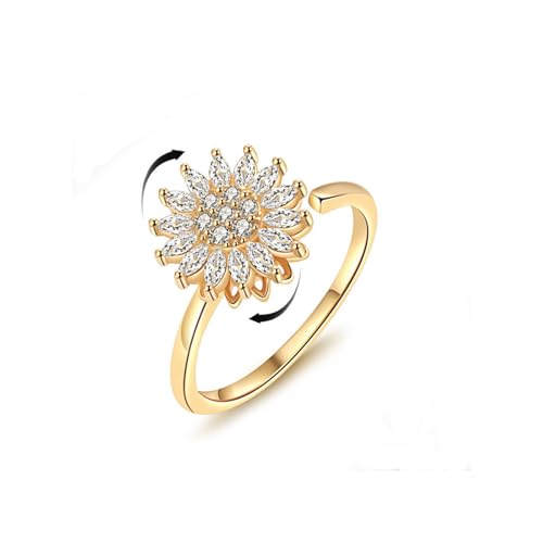 Sunflower Fidget Ring for Women Gold Anxiety Crystal Rings Cubic Zirconia Sunflower Open Adjustable Fidget Ring Spinner Sun Ring for Men Trendy Jewelry